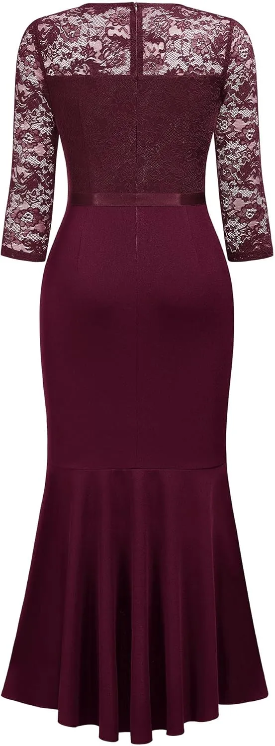 MISSMAY Women's Classy Floral Lace Ruffle Formal Bridesmaid Long Dress