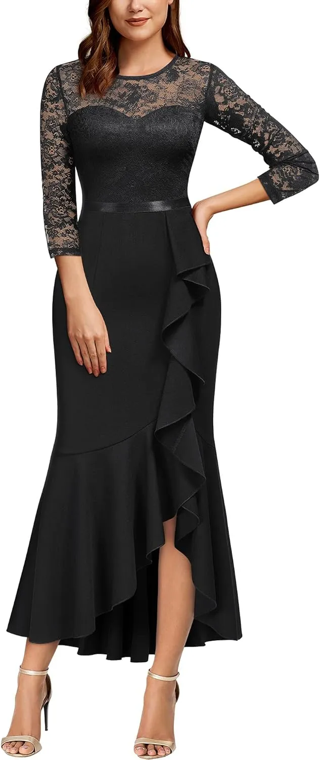 MISSMAY Women's Classy Floral Lace Ruffle Formal Bridesmaid Long Dress