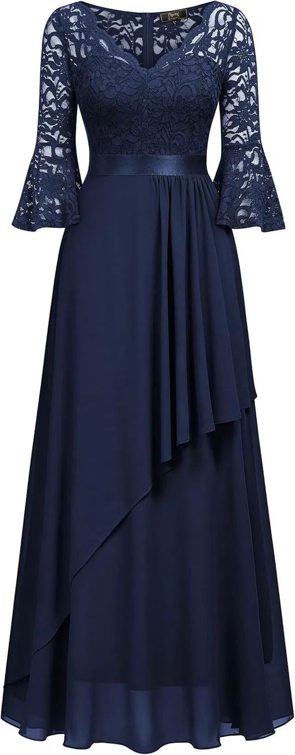 MISSMAY Women's Elegant V-Neck Floral Lace Bell Sleeve Wedding Party Maxi Dress