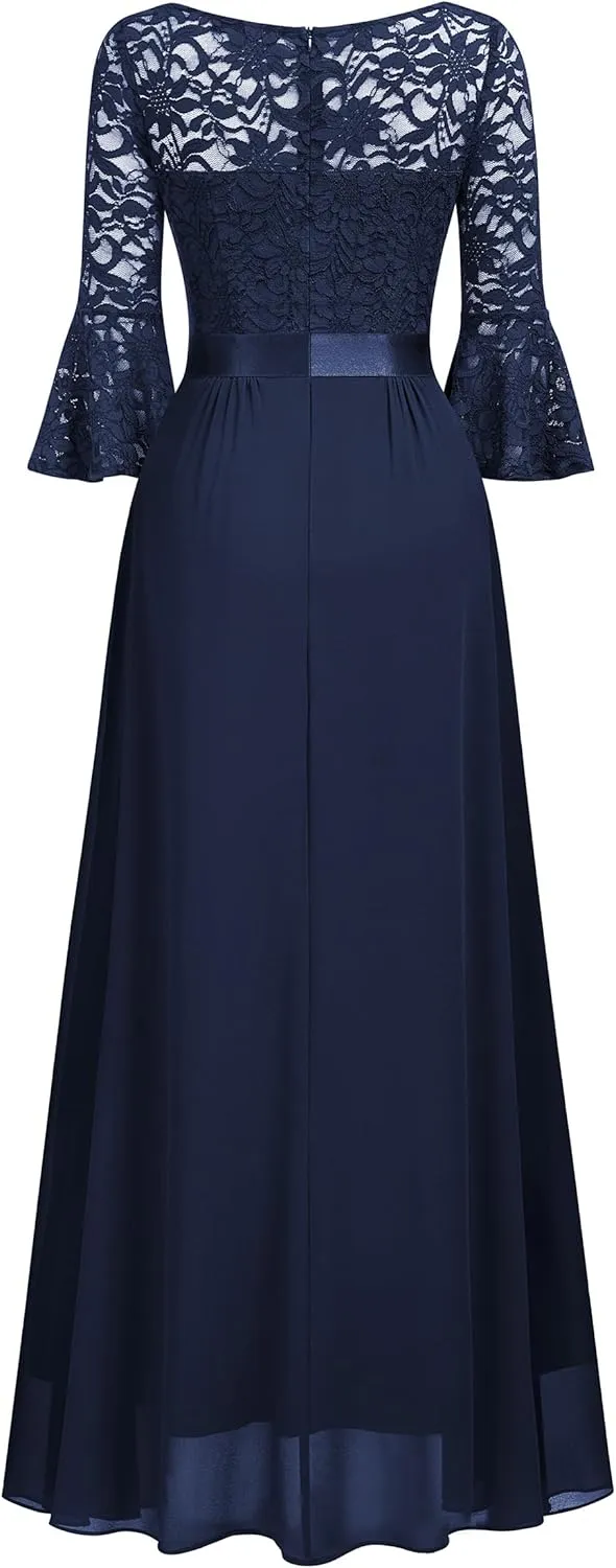 MISSMAY Women's Elegant V-Neck Floral Lace Bell Sleeve Wedding Party Maxi Dress