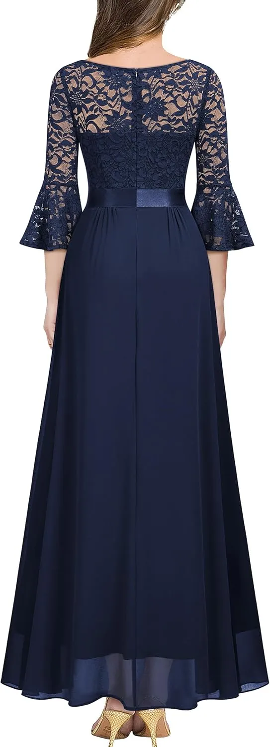 MISSMAY Women's Elegant V-Neck Floral Lace Bell Sleeve Wedding Party Maxi Dress