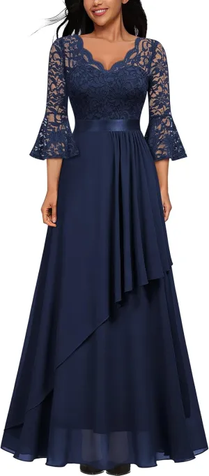 MISSMAY Women's Elegant V-Neck Floral Lace Bell Sleeve Wedding Party Maxi Dress
