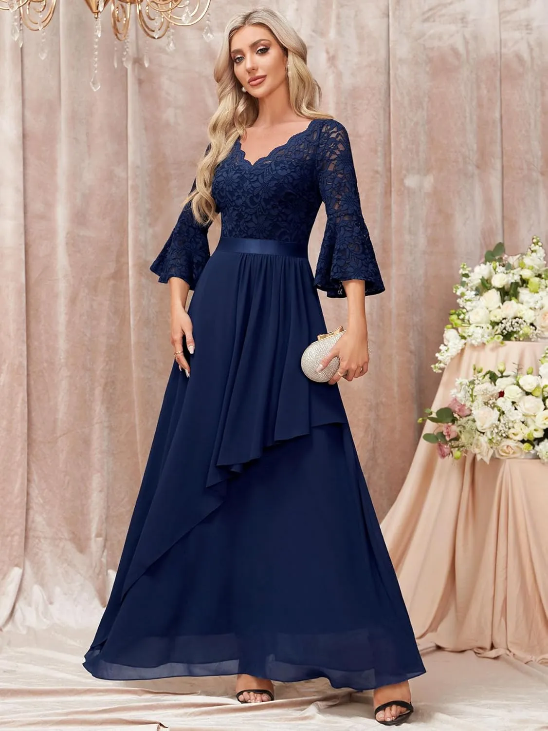 MISSMAY Women's Elegant V-Neck Floral Lace Bell Sleeve Wedding Party Maxi Dress
