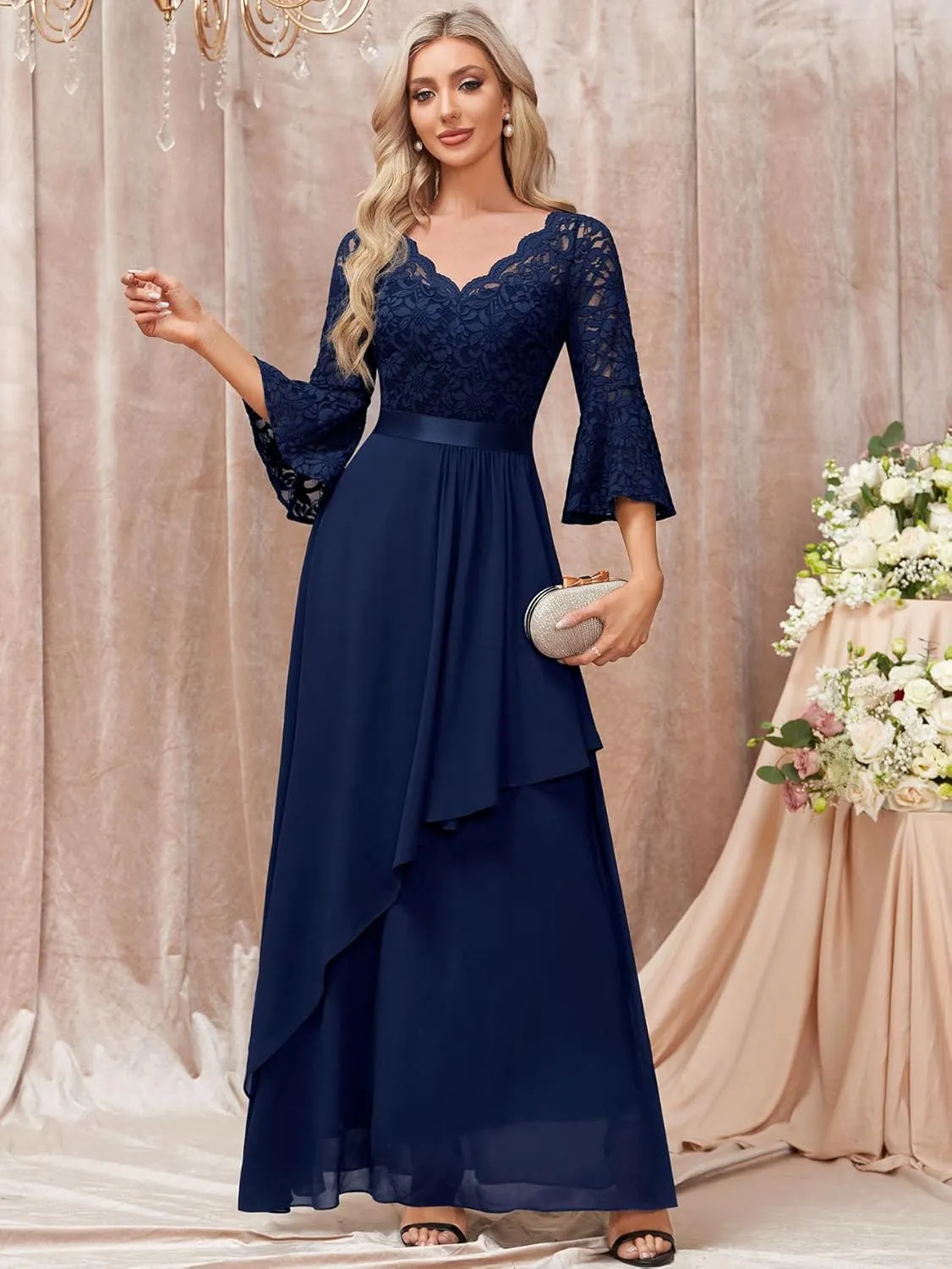 MISSMAY Women's Elegant V-Neck Floral Lace Bell Sleeve Wedding Party Maxi Dress