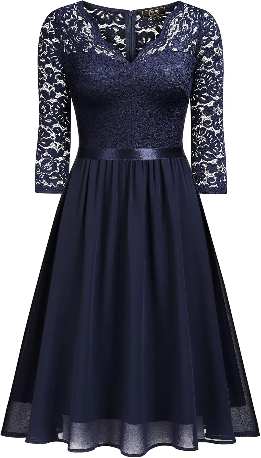 MISSMAY Women's Vintage V-Neck Lace Formal Bridesmaid Party Dress