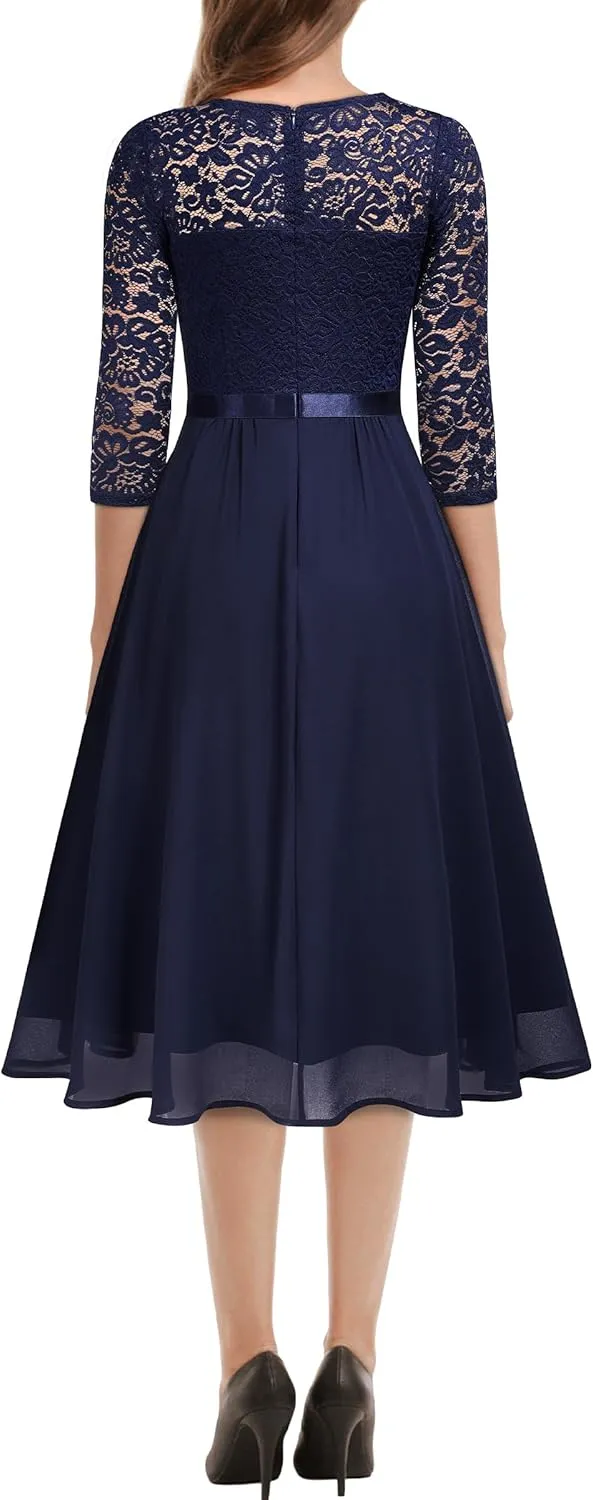 MISSMAY Women's Vintage V-Neck Lace Formal Bridesmaid Party Dress