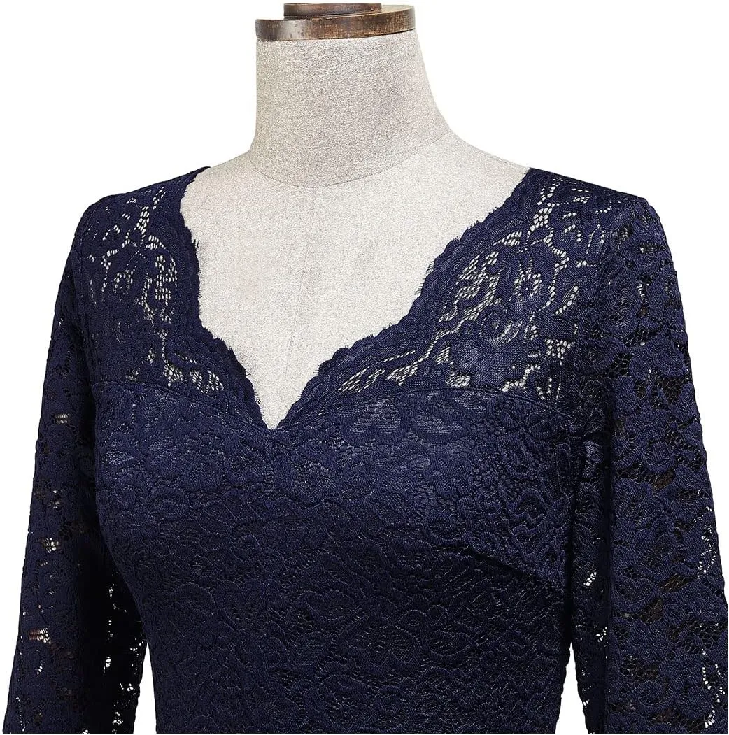 MISSMAY Women's Vintage V-Neck Lace Formal Bridesmaid Party Dress