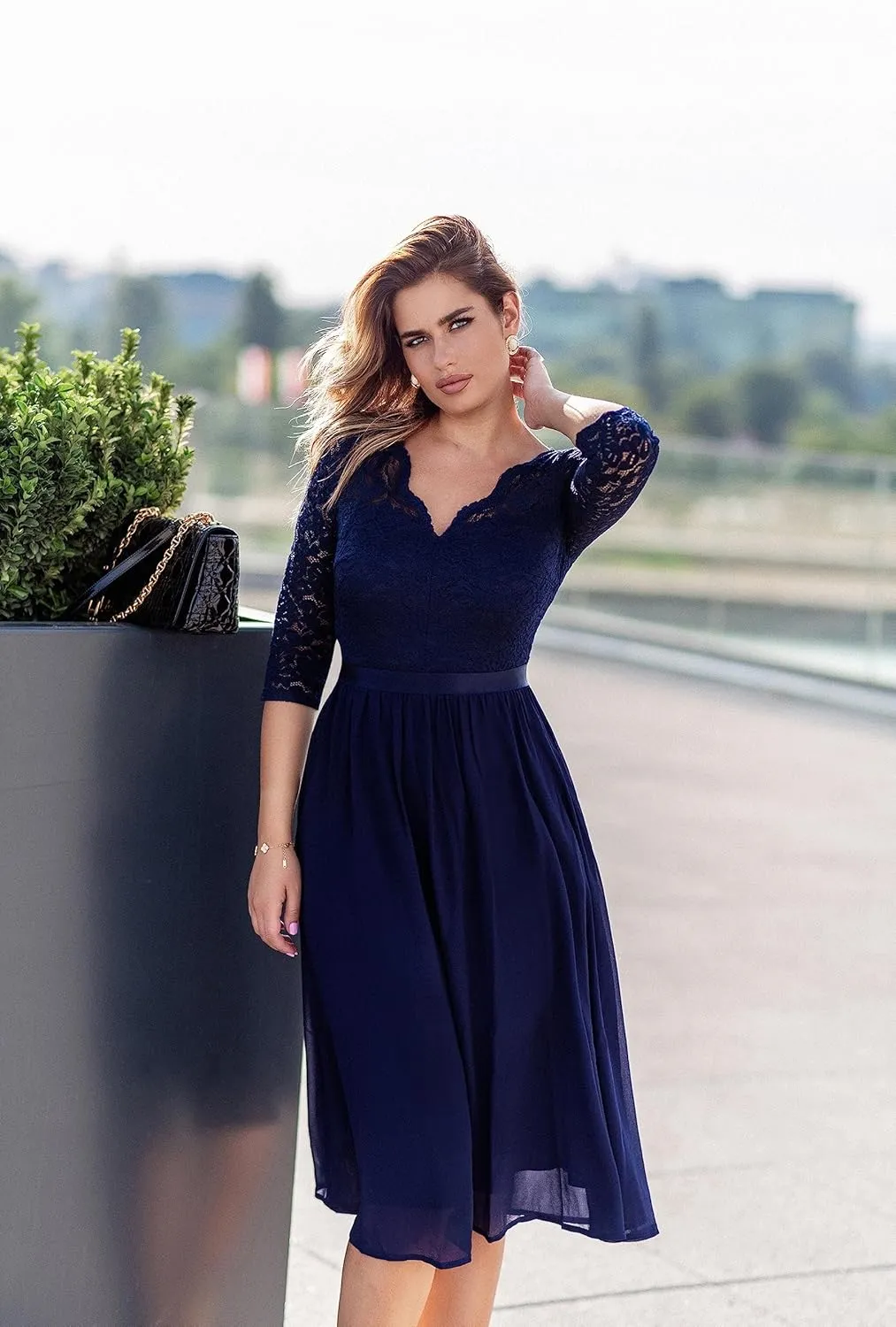 MISSMAY Women's Vintage V-Neck Lace Formal Bridesmaid Party Dress