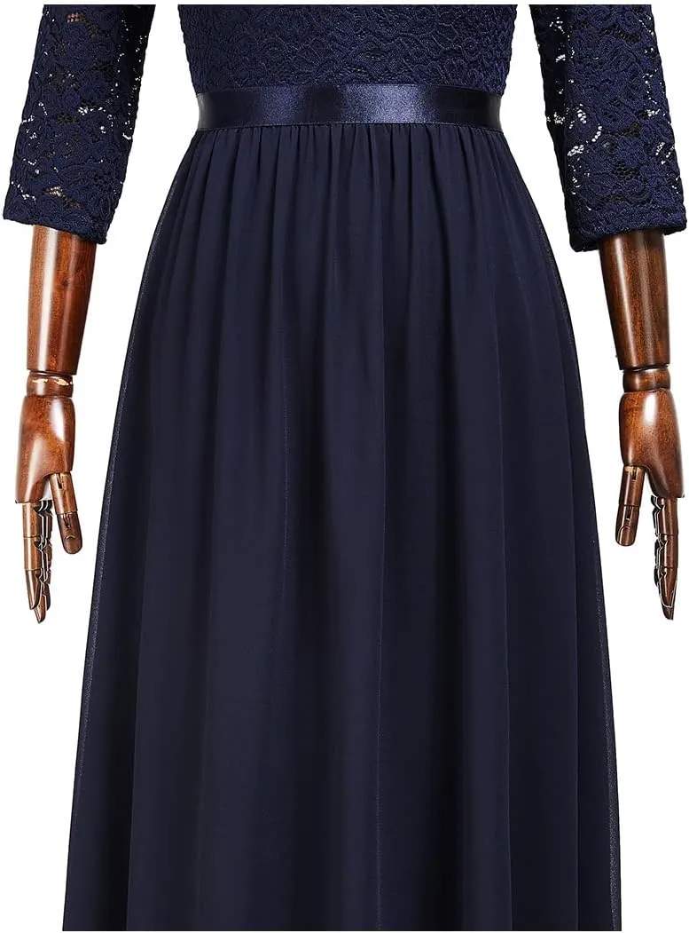 MISSMAY Women's Vintage V-Neck Lace Formal Bridesmaid Party Dress