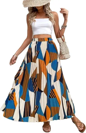OYOANGLE Women's Boho Geo Print Elastic High Waist Flowy Pleated Maxi Skirt Vacation Skirts