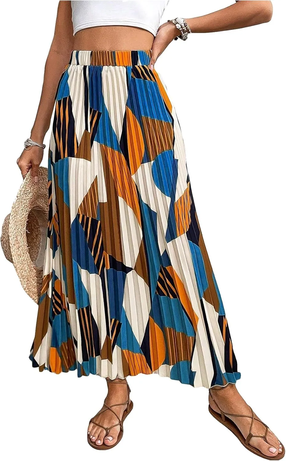 OYOANGLE Women's Boho Geo Print Elastic High Waist Flowy Pleated Maxi Skirt Vacation Skirts
