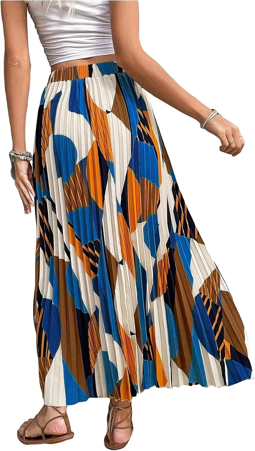 OYOANGLE Women's Boho Geo Print Elastic High Waist Flowy Pleated Maxi Skirt Vacation Skirts