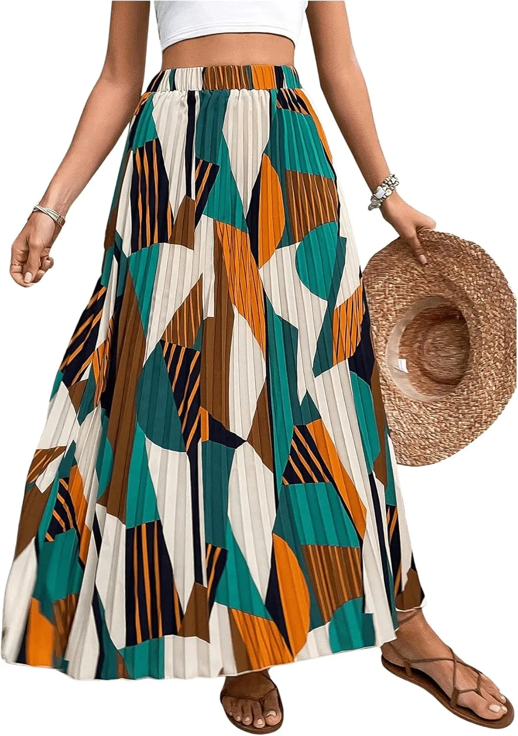 OYOANGLE Women's Boho Geo Print Elastic High Waist Flowy Pleated Maxi Skirt Vacation Skirts
