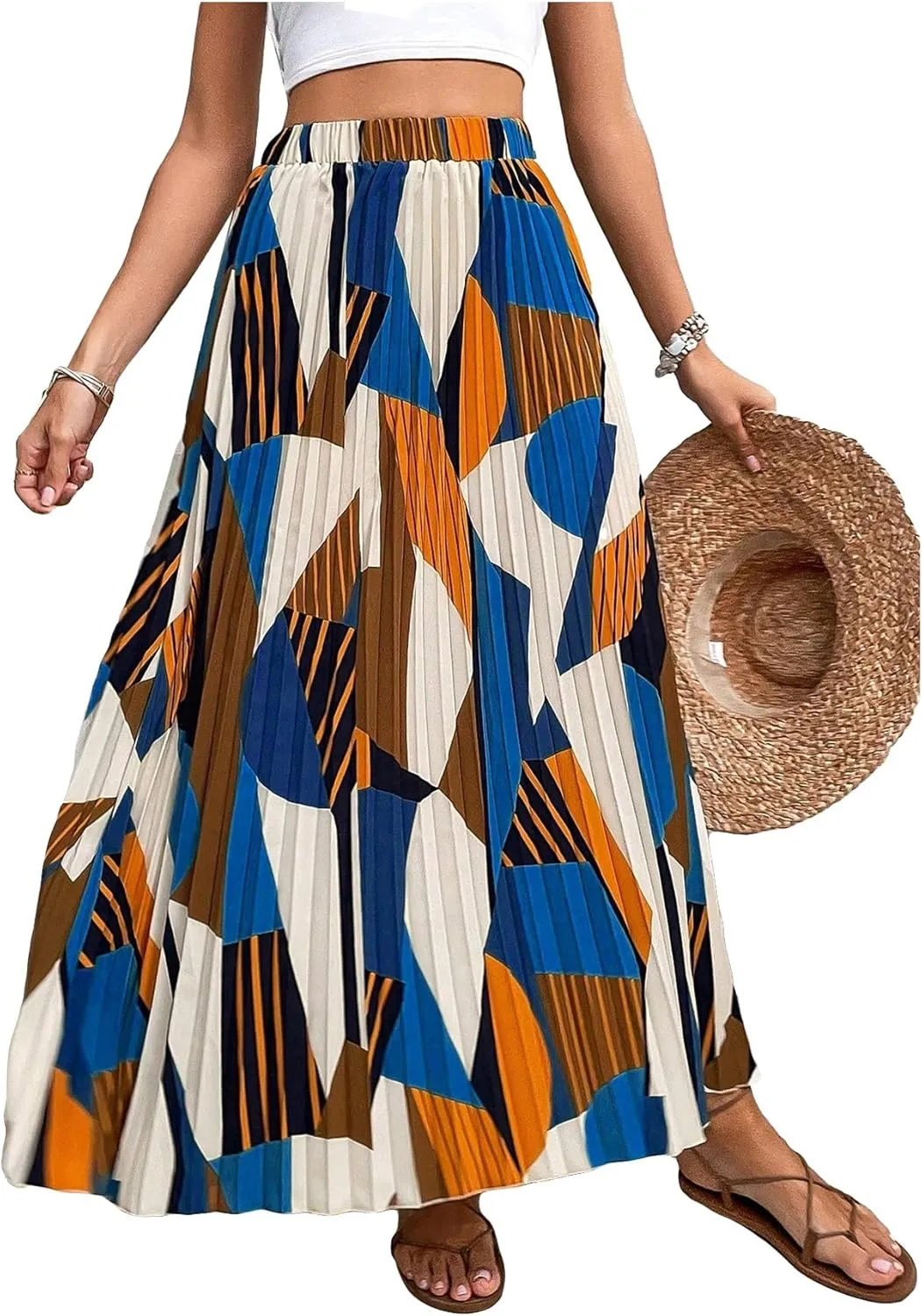 OYOANGLE Women's Boho Geo Print Elastic High Waist Flowy Pleated Maxi Skirt Vacation Skirts