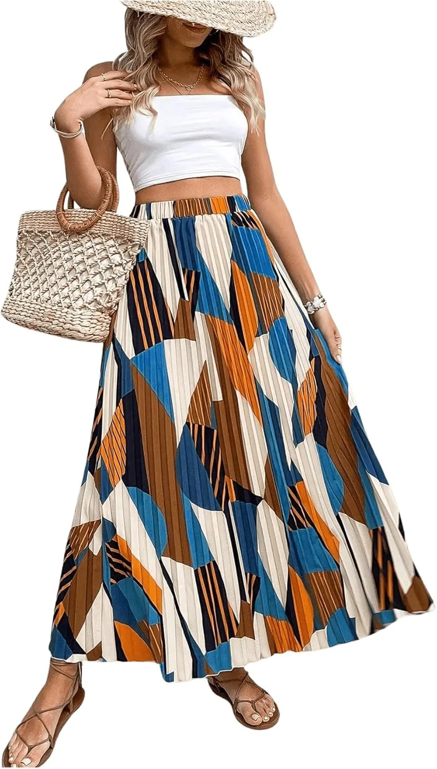 OYOANGLE Women's Boho Geo Print Elastic High Waist Flowy Pleated Maxi Skirt Vacation Skirts