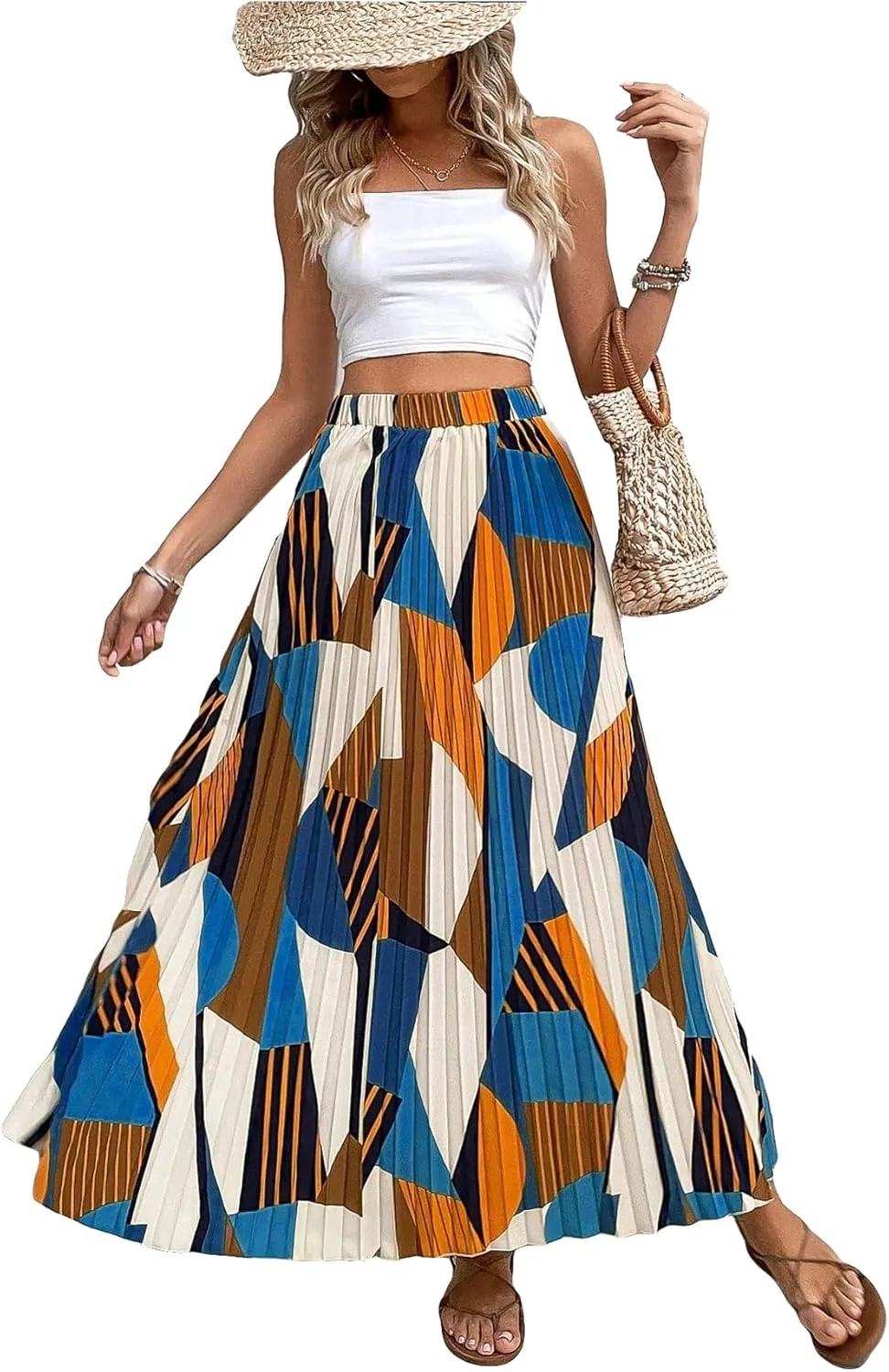 OYOANGLE Women's Boho Geo Print Elastic High Waist Flowy Pleated Maxi Skirt Vacation Skirts