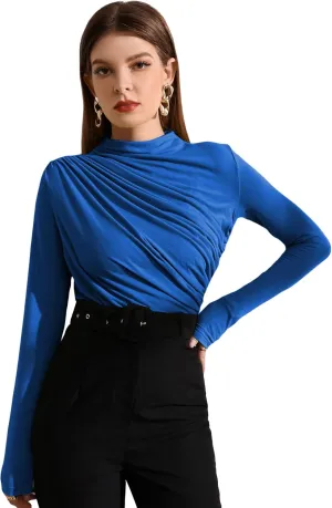 OYOANGLE Women's Long Sleeve Mock Neck Stand Collar Ruched Slim Fit Basic Casual Tee Shirt Tops