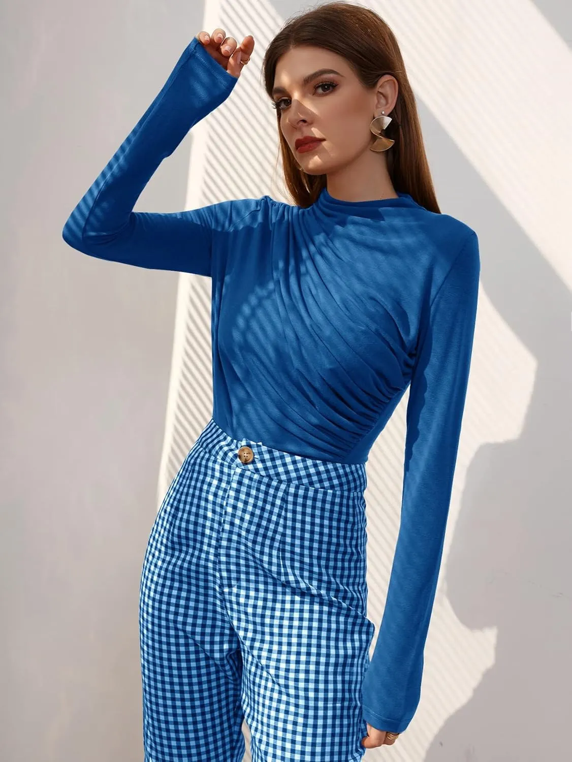 OYOANGLE Women's Long Sleeve Mock Neck Stand Collar Ruched Slim Fit Basic Casual Tee Shirt Tops