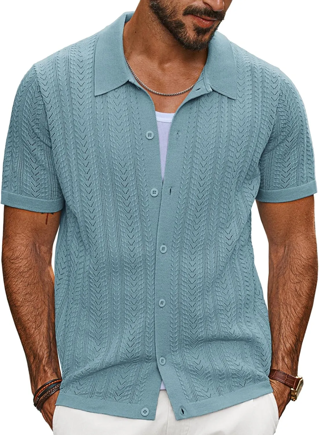 PJ PAUL JONES Men's Knit Shirts Short Sleeve Button Down Polo Shirt Fashion Casual Summer Beach Shirts