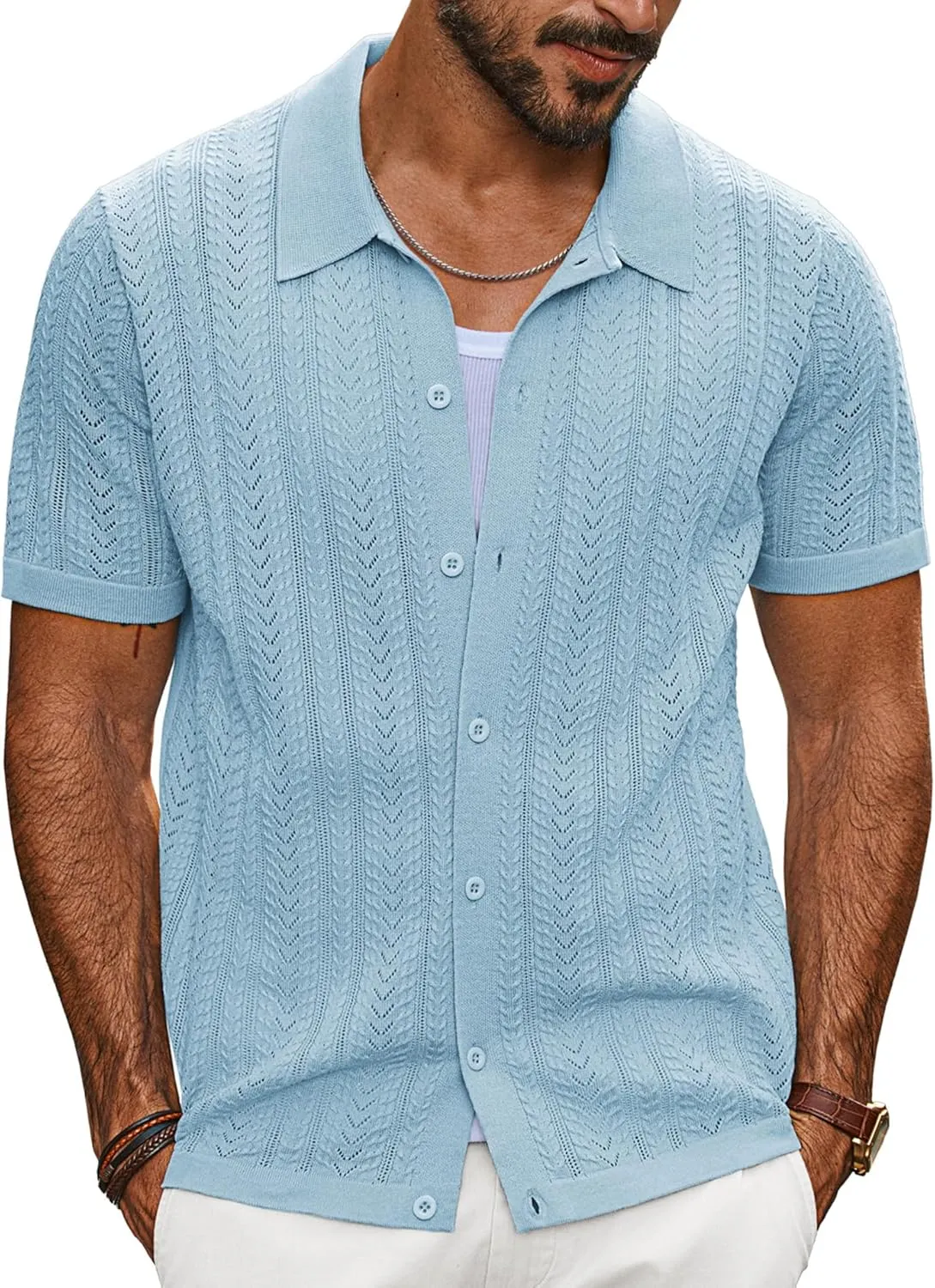 PJ PAUL JONES Men's Knit Shirts Short Sleeve Button Down Polo Shirt Fashion Casual Summer Beach Shirts