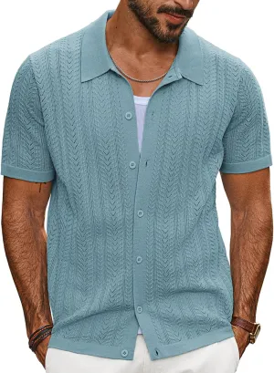 PJ PAUL JONES Men's Knit Shirts Short Sleeve Button Down Polo Shirt Fashion Casual Summer Beach Shirts