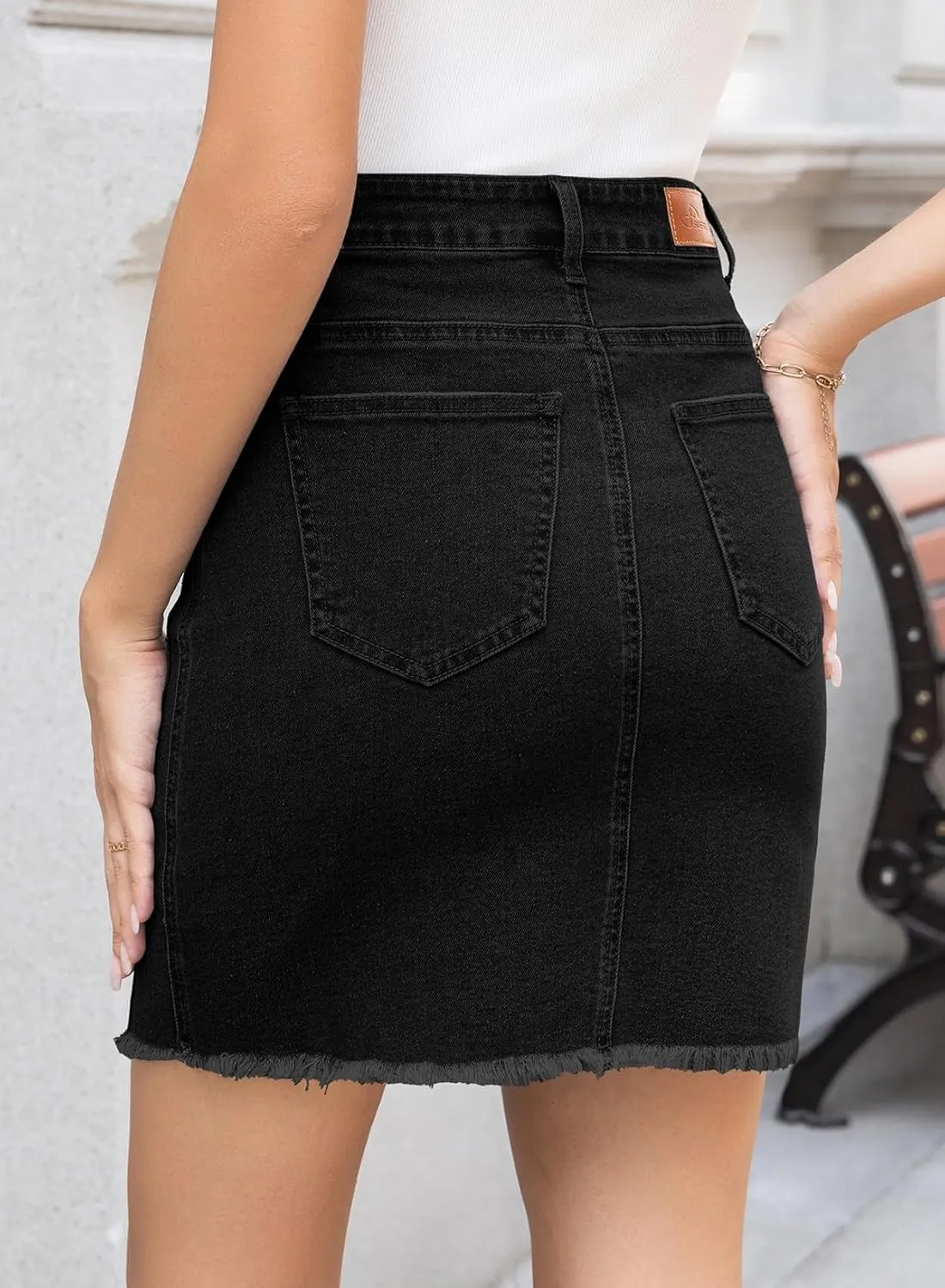 Sidefeel Women's Jean Skirt Stretchy Ripped Frayed Button Fly Summer Denim Skirt