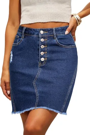 Sidefeel Women's Jean Skirt Stretchy Ripped Frayed Button Fly Summer Denim Skirt