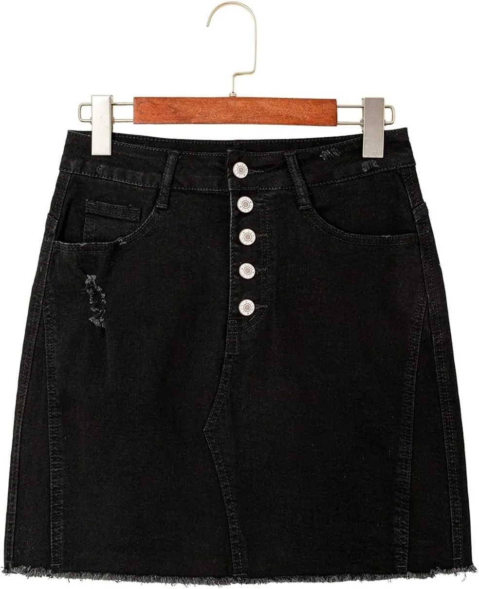 Sidefeel Women's Jean Skirt Stretchy Ripped Frayed Button Fly Summer Denim Skirt