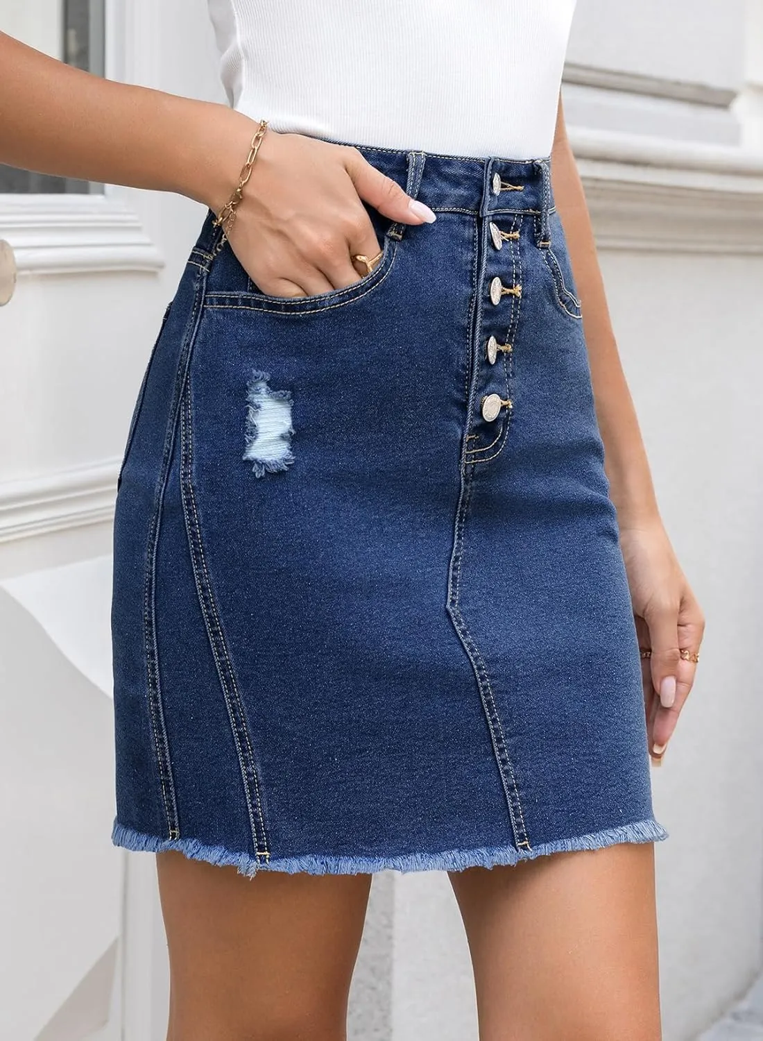 Sidefeel Women's Jean Skirt Stretchy Ripped Frayed Button Fly Summer Denim Skirt