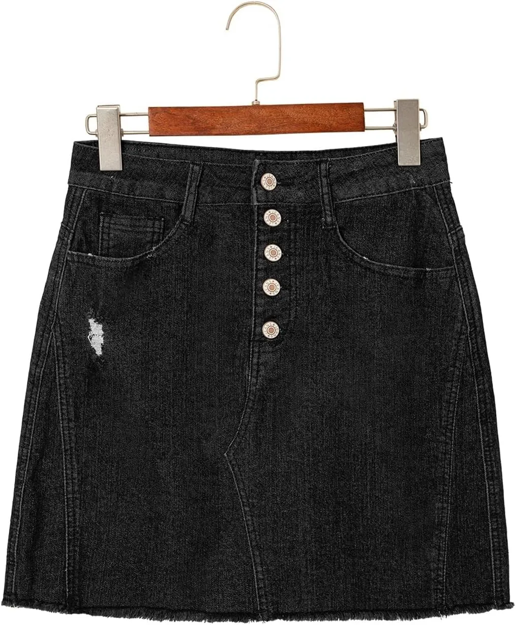 Sidefeel Women's Jean Skirt Stretchy Ripped Frayed Button Fly Summer Denim Skirt