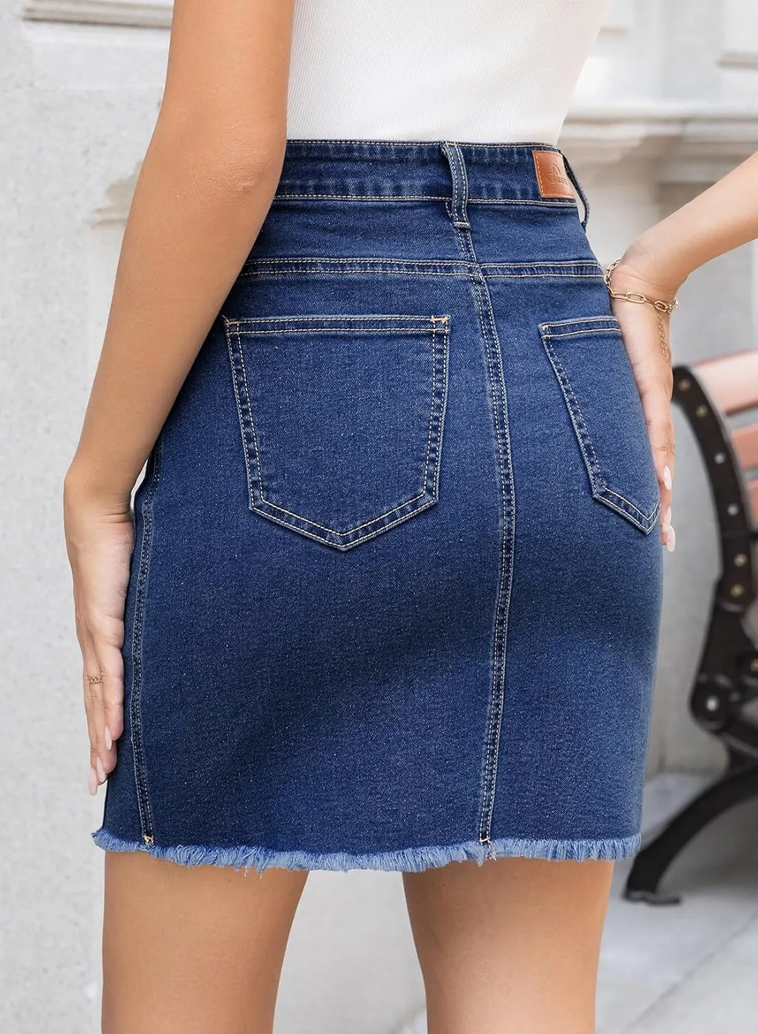 Sidefeel Women's Jean Skirt Stretchy Ripped Frayed Button Fly Summer Denim Skirt