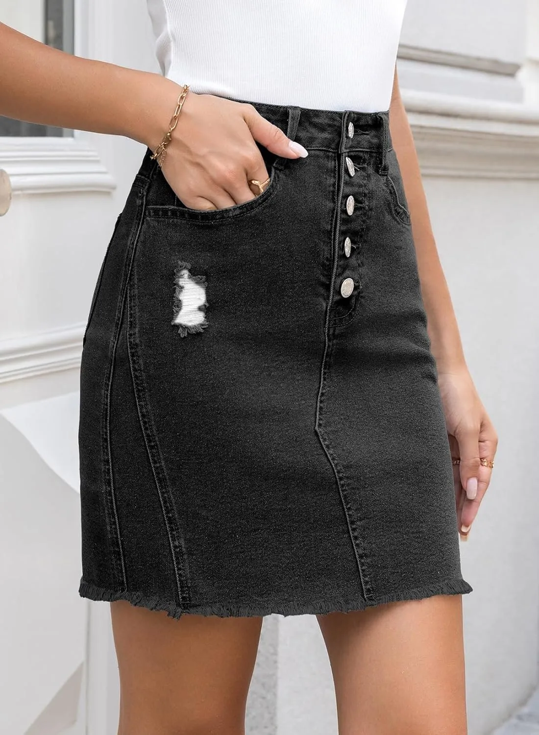 Sidefeel Women's Jean Skirt Stretchy Ripped Frayed Button Fly Summer Denim Skirt