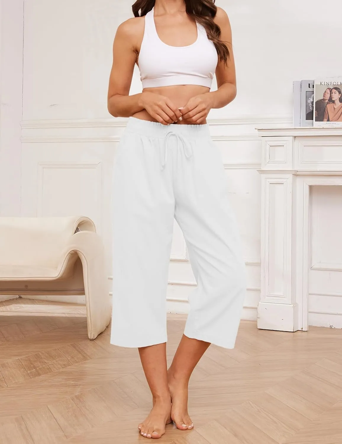 Summer Women's Casual Capris Baggy Lounge Drawstring Pants Plus Size Wide Leg Croped Pants with Pockets