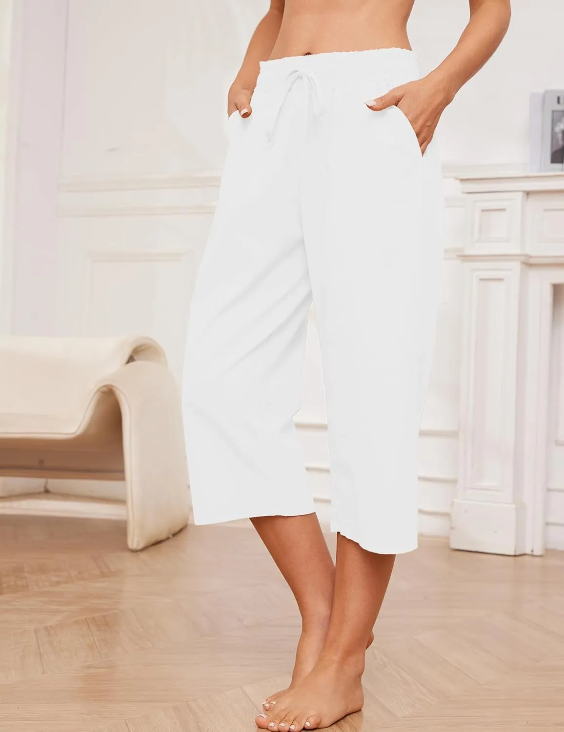 Summer Women's Casual Capris Baggy Lounge Drawstring Pants Plus Size Wide Leg Croped Pants with Pockets