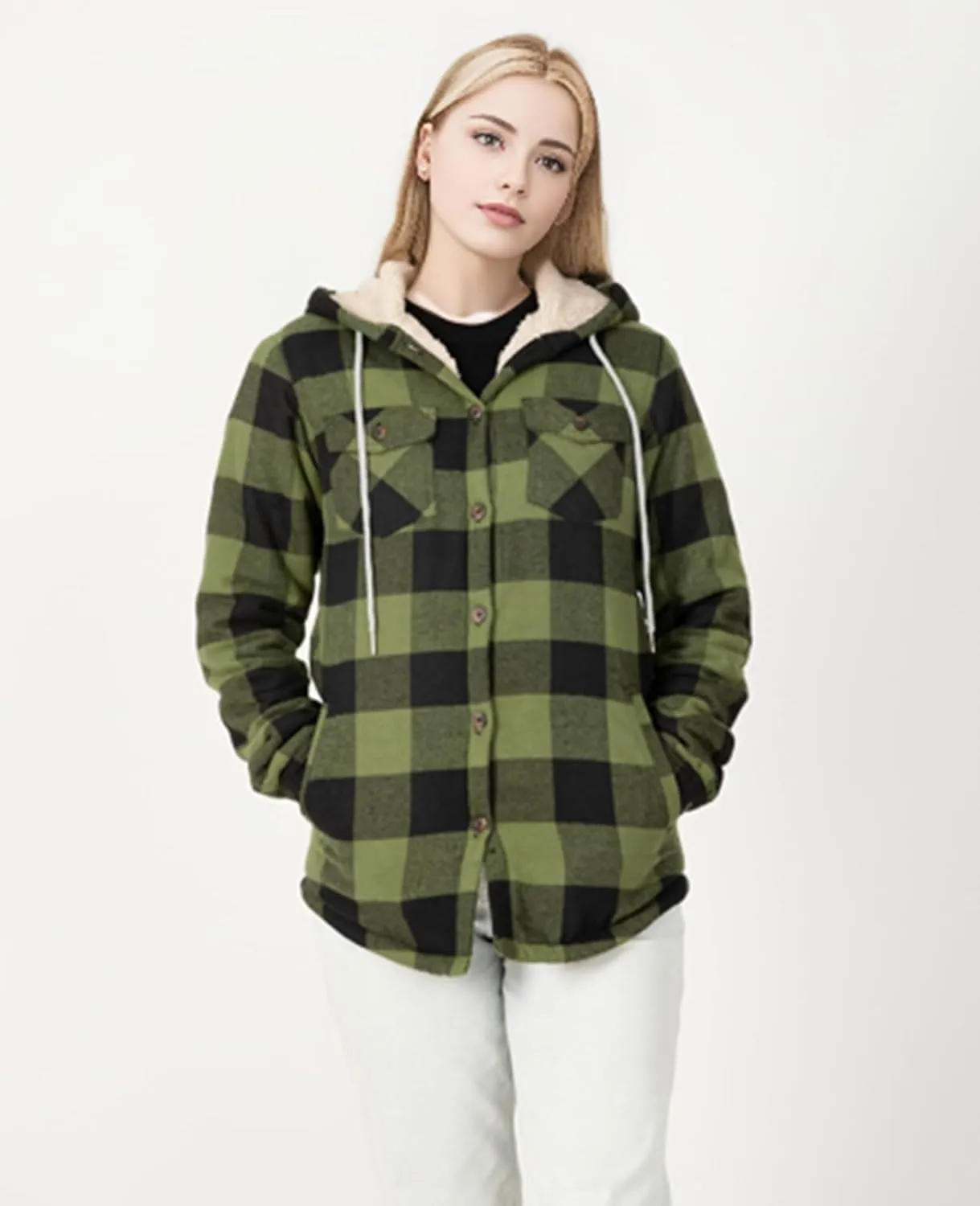 ThCreasa Womens Sherpa Lined Plaid Hooded Flannel Jacket with Hand Pockets Button Down Shirt Jackets