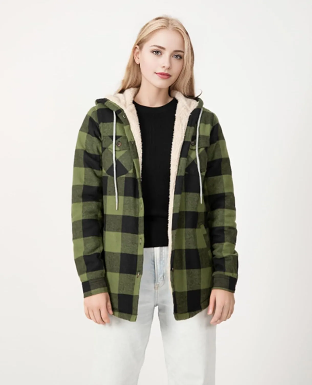 ThCreasa Womens Sherpa Lined Plaid Hooded Flannel Jacket with Hand Pockets Button Down Shirt Jackets