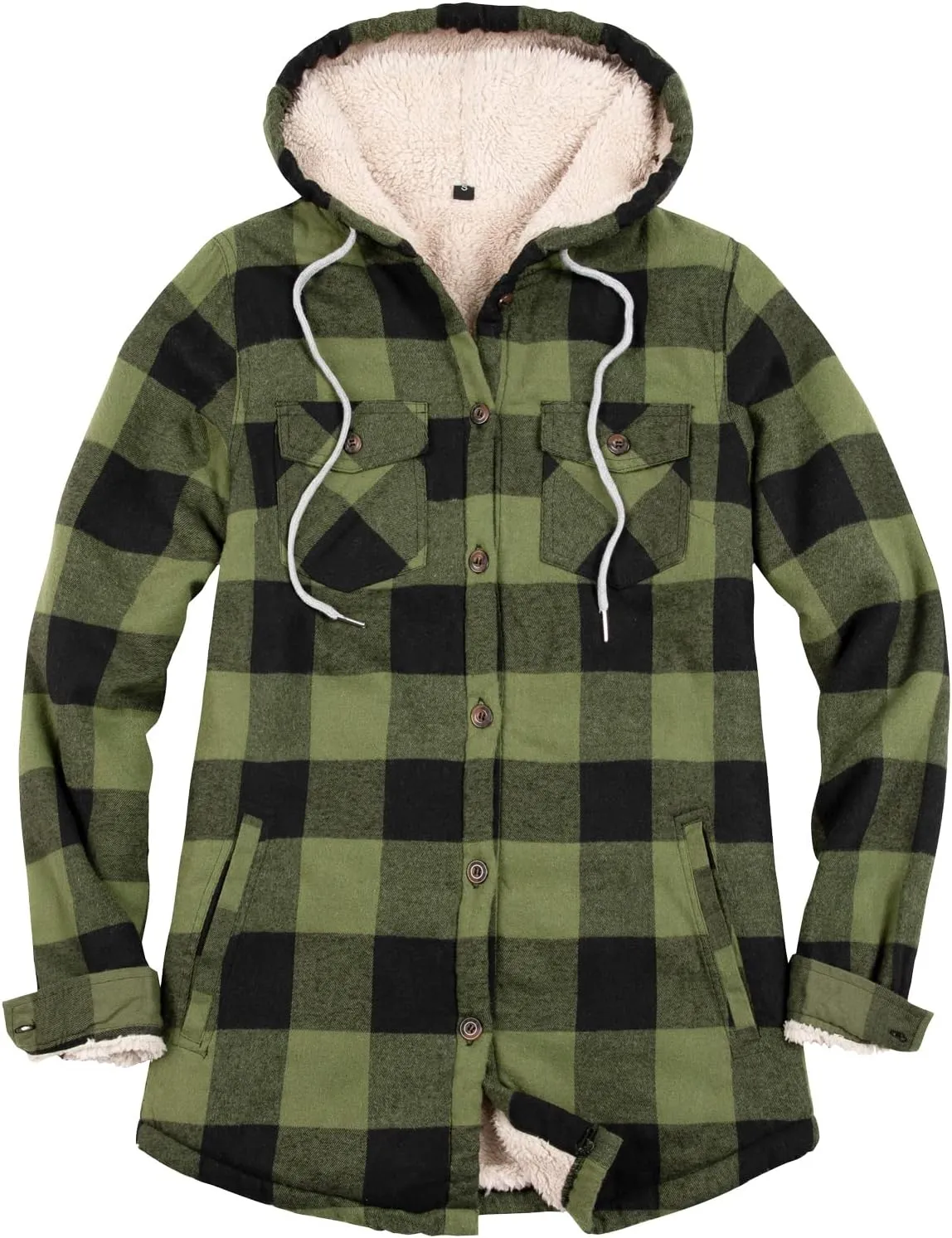 ThCreasa Womens Sherpa Lined Plaid Hooded Flannel Jacket with Hand Pockets Button Down Shirt Jackets