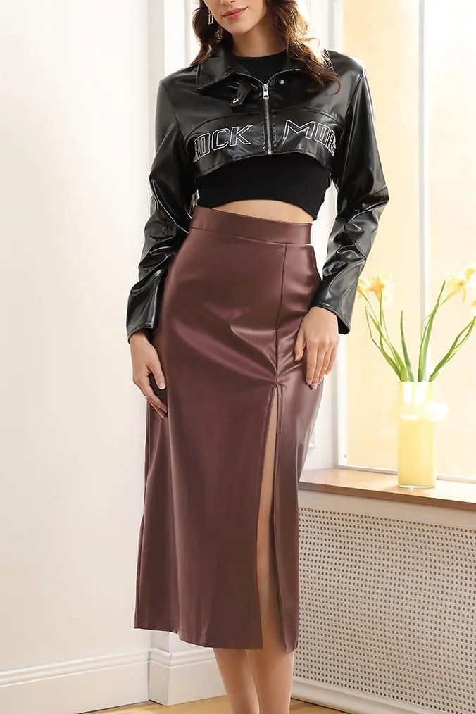 Velius Women High Waisted PU Leather Front Thigh Slit Wrap Midi Skirt Long Pencil Bodycon