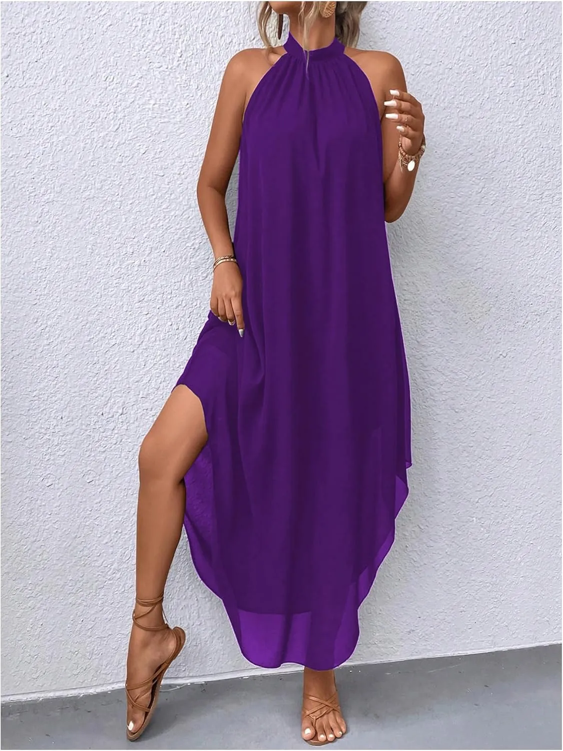 Verdusa Women's Flowy Halter Neck Sleeveless Asymmetrical Hem Maxi Long Dress