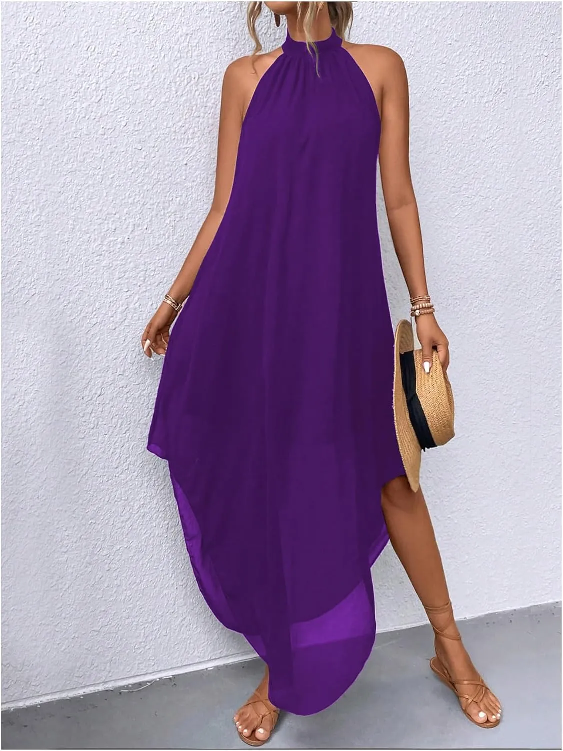 Verdusa Women's Flowy Halter Neck Sleeveless Asymmetrical Hem Maxi Long Dress