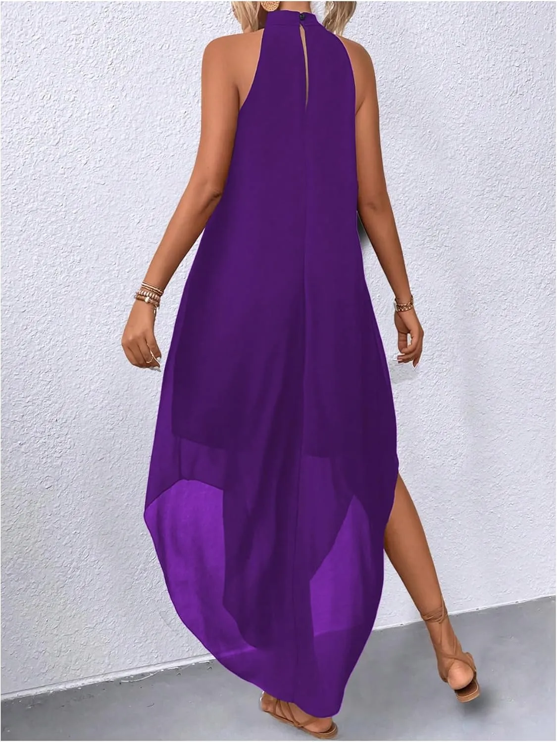 Verdusa Women's Flowy Halter Neck Sleeveless Asymmetrical Hem Maxi Long Dress