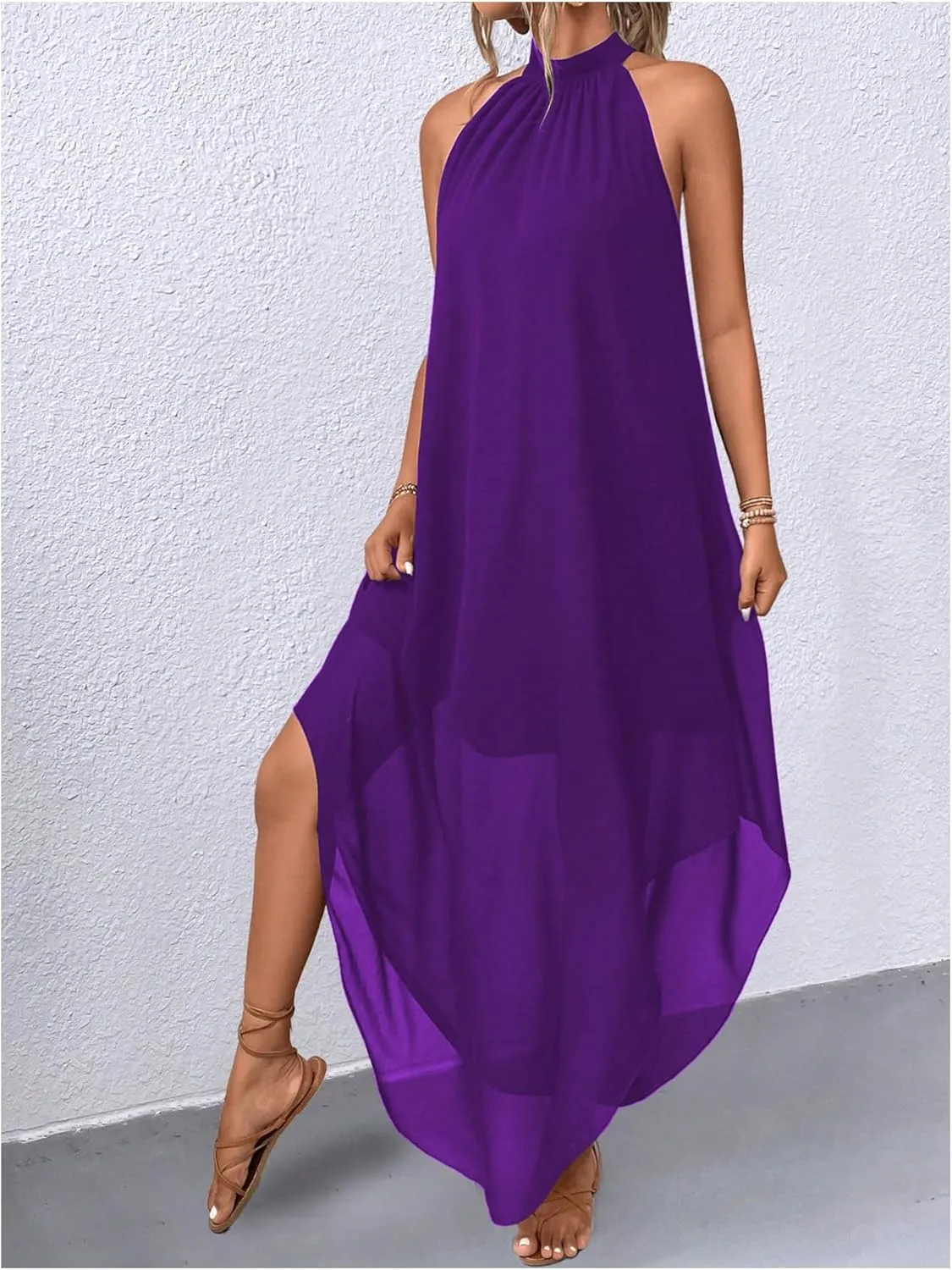Verdusa Women's Flowy Halter Neck Sleeveless Asymmetrical Hem Maxi Long Dress