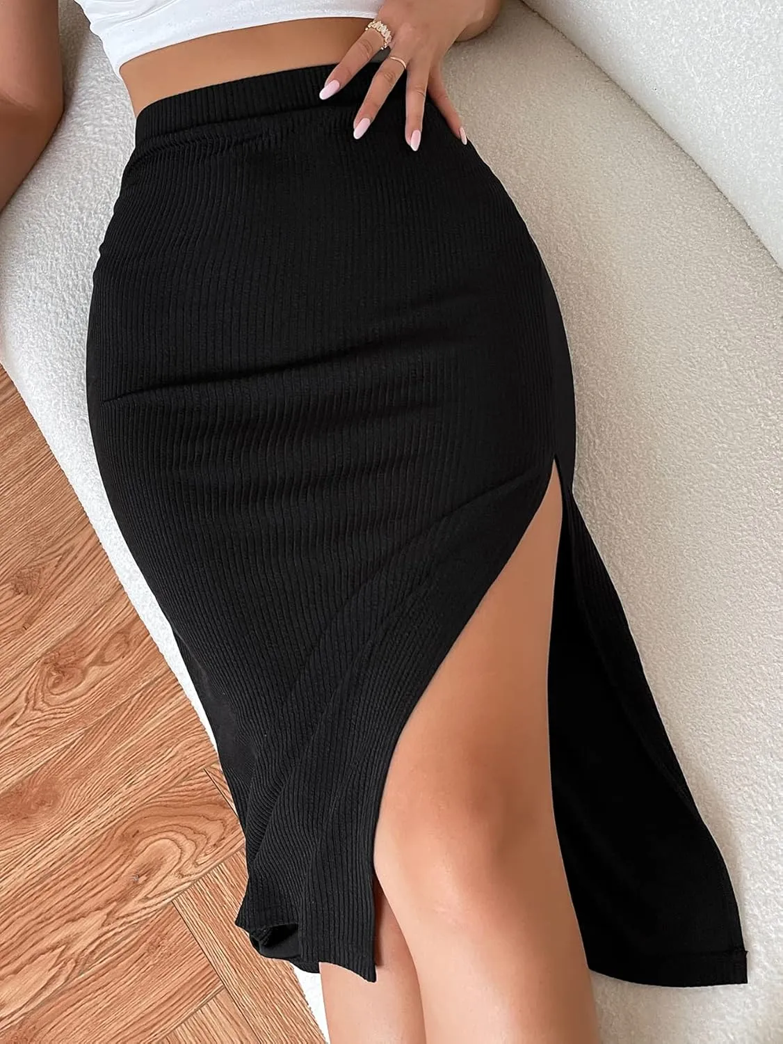 Verdusa Women's High Waist Slit Hem Rib Knit Midi Bodycon Skirt