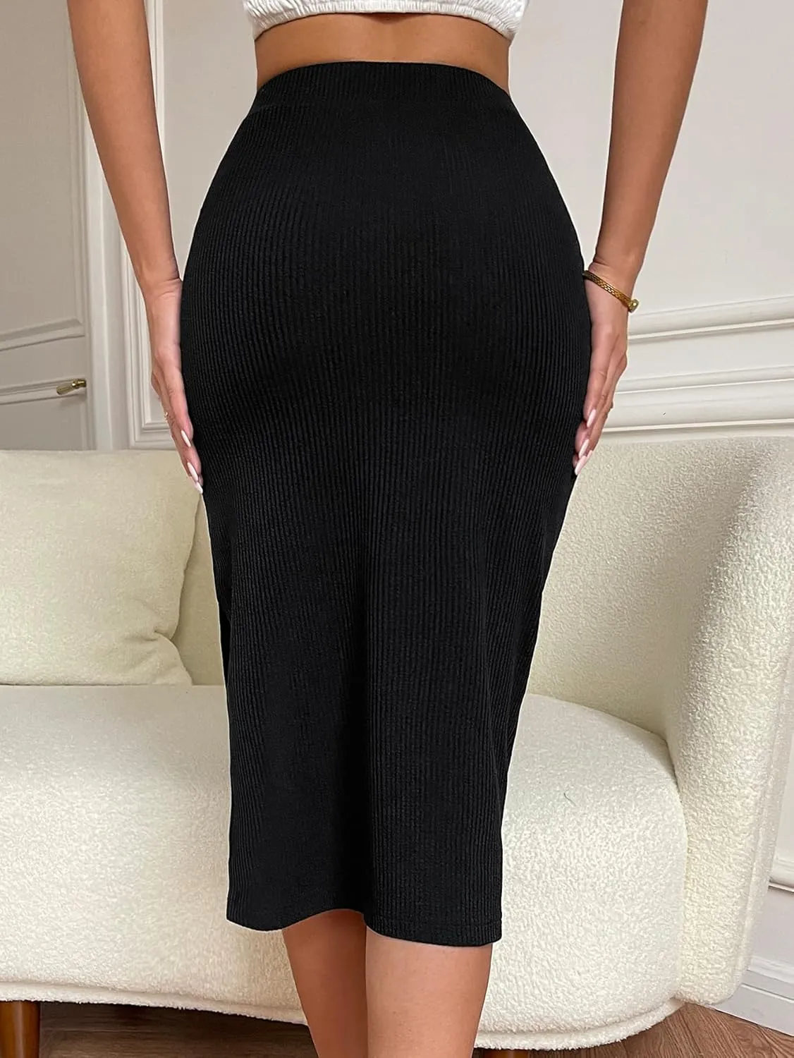 Verdusa Women's High Waist Slit Hem Rib Knit Midi Bodycon Skirt