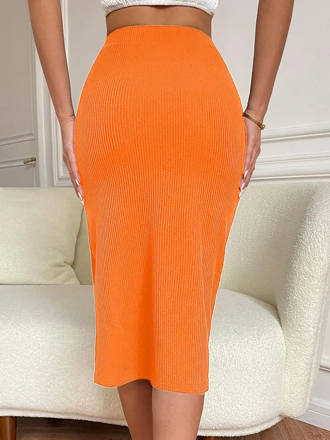 Verdusa Women's High Waist Slit Hem Rib Knit Midi Bodycon Skirt
