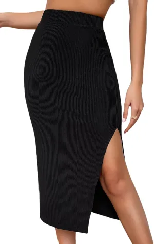 Verdusa Women's High Waist Slit Hem Rib Knit Midi Bodycon Skirt