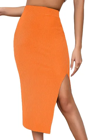 Verdusa Women's High Waist Slit Hem Rib Knit Midi Bodycon Skirt