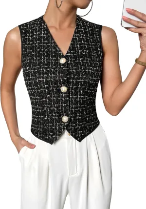 WDIRARA Women's Asymmetrical Hem Button Front Crop Blazer Sleeveless V Neck Blazer Vest