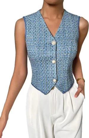 WDIRARA Women's Asymmetrical Hem Button Front Crop Blazer Sleeveless V Neck Blazer Vest