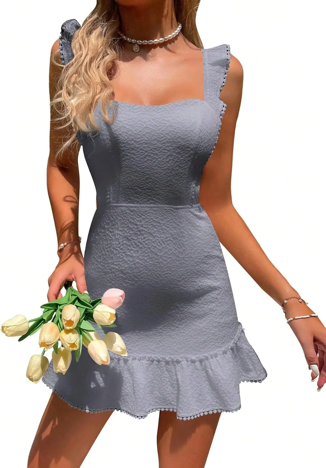 WDIRARA Women's Boho Backless Knot Ruffle Hem High Waist Trim Textured Mini Dress
